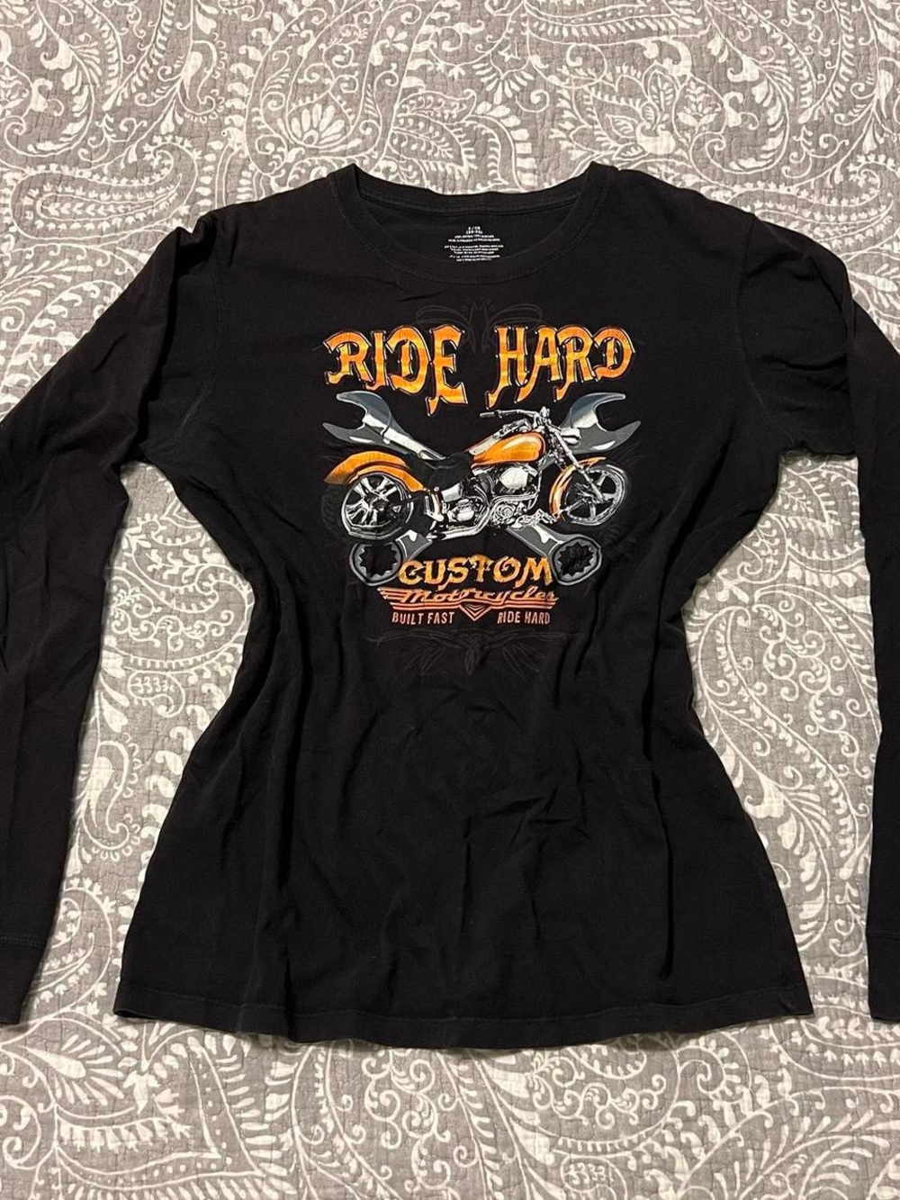 vintage motorcycle black and orange long sleeve graphic t-shirt